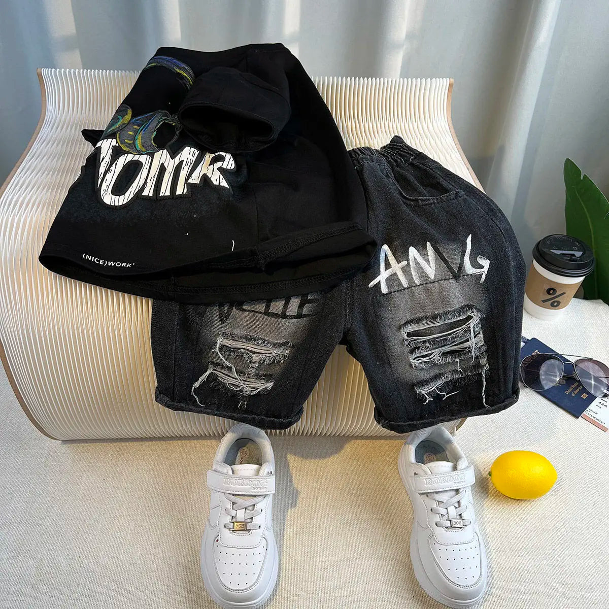 Summer Baby Boys Fashion High Quality Set Cotton Boy Short Sleeved Hole T-shirt + Denim Shorts Kids Loose Casual Clothes 2-11Y