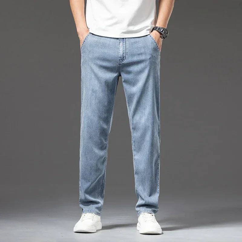 Men's Lyocell Soft Thin Jeans Light Color Straight Loose Casual Trousers Business Fashion Male Clothes Elasticity Denim Pants