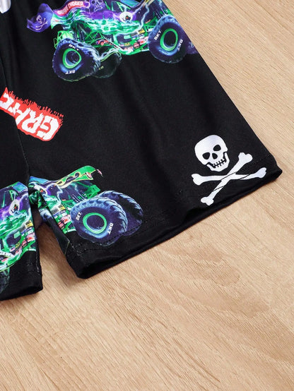 Boys Summer clothing - cartoon car print short sleeve top and shorts, stylish, casual, comfortable