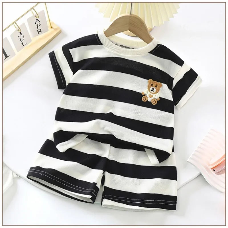 Summer Children Sets Boys Girls Short-sleeved Striped T-shirt +Shorts Set Babies Fashion Round Neck Tracksuits Kids Suits