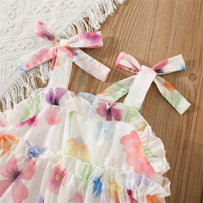 Summer Girls' Dress Strap Chiffon Cool Beach Skirt Beautiful Fragmented Flower Ladies Fashion Bow Sleeveless Skirt