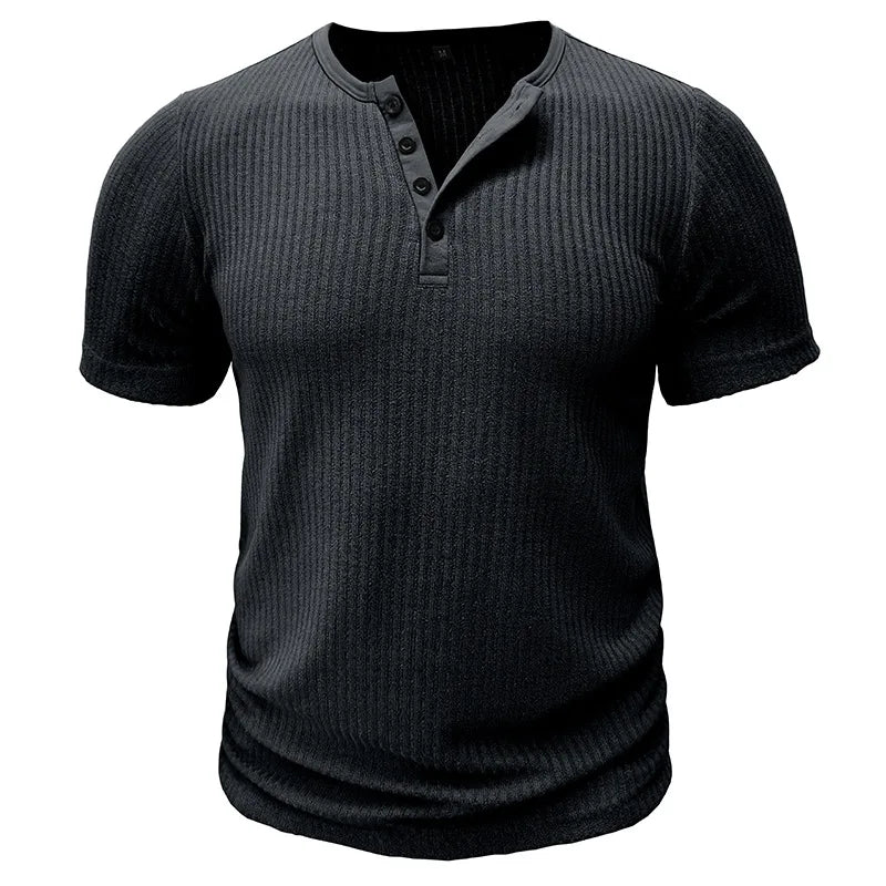 Summer Trend Men's Short Sleeve Casual T-Shirts Solid Henley Neck Button Up Pullover Tops Spring Turn Down Collar Basic Shirt (Available)