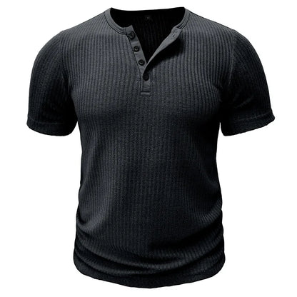 Summer Trend Men's Short Sleeve Casual T-Shirts Solid Henley Neck Button Up Pullover Tops Spring Turn Down Collar Basic Shirt (Available)
