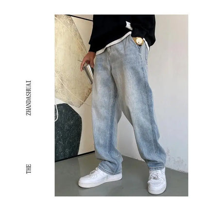 American Casual Cool Retro Retro Retro Light Blue Jeans Men's Straight Leg Loose and Versatile Wide Leg Pants