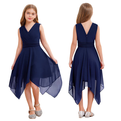 Summer Girls Festive Dress Hi-Lo Tulle Sleeveless Shiny Beaded Dress Flower Kids Wedding Pageant Clothing Evening Communion Gow