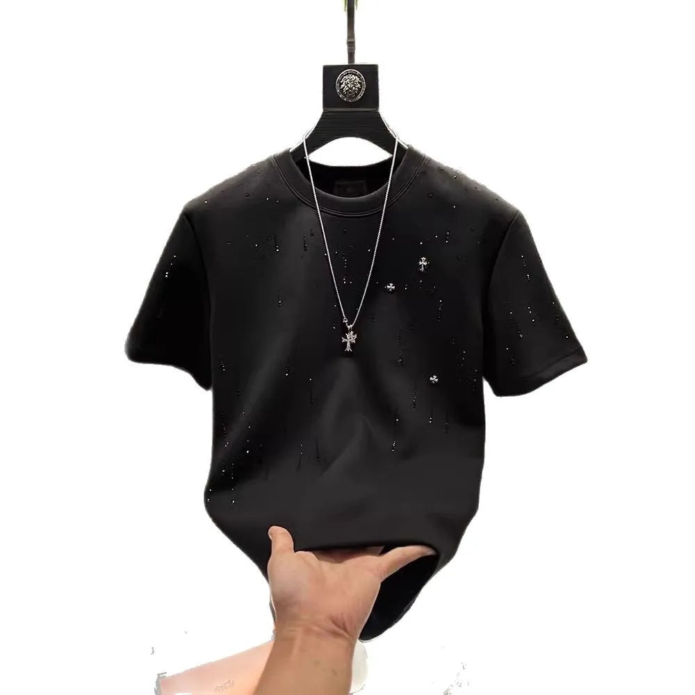 Spring New Heavy Work Light Luxury Custom Short Sleeve T-shirt Top Meteor Full Diamond T-shirt Round Neck Short Sleeve    (Available)