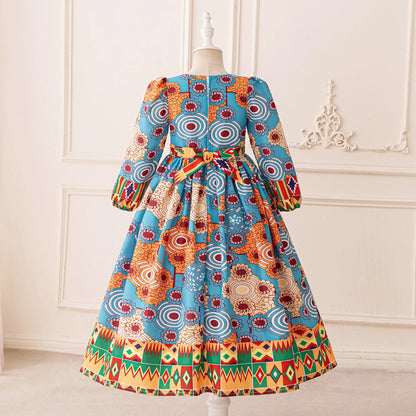 Girl Dress For Eid Arab Muslim Floral Print Long Sleeve Dress For Children Formal Pageant Party Festival Ceremonial Banquet Gown