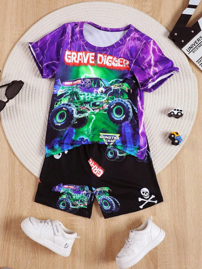 Boys Summer clothing - cartoon car print short sleeve top and shorts, stylish, casual, comfortable