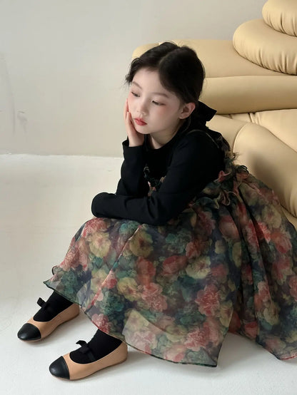 Girls Casual Dresses Autumn Girl Black T-shirt Camisole Flower Mesh Gauze Suit Princess Simple Printing Loose Beautiful 2024