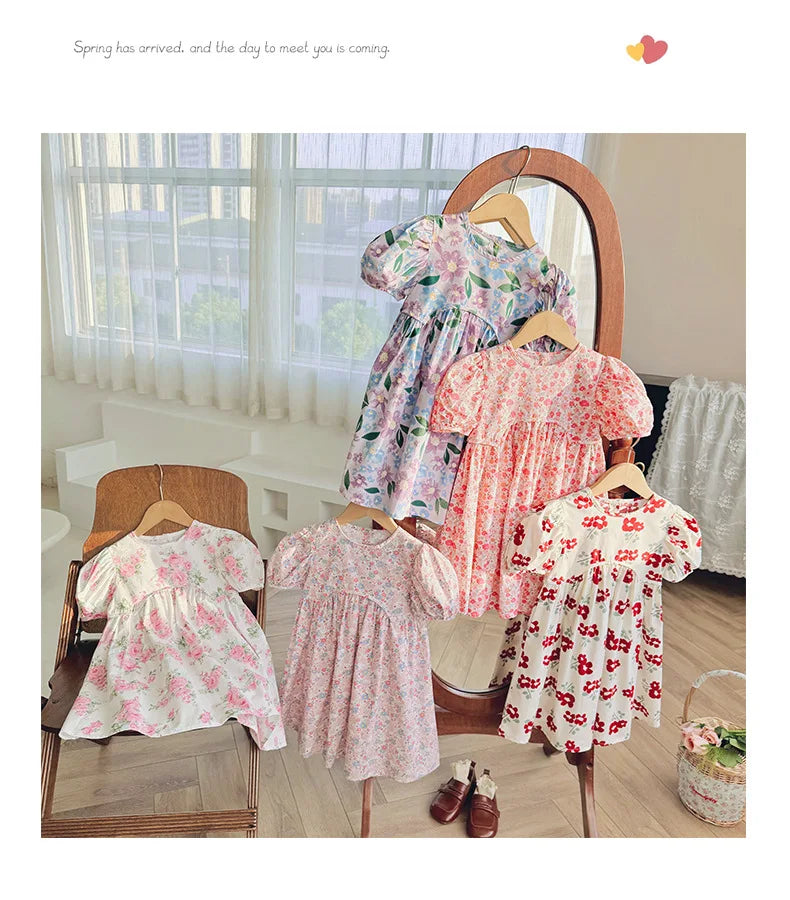 2025 Summer Kids Girls Dresses Short Sleeve A Line Girls Dresses Floral Print Pleated Dress For Girl