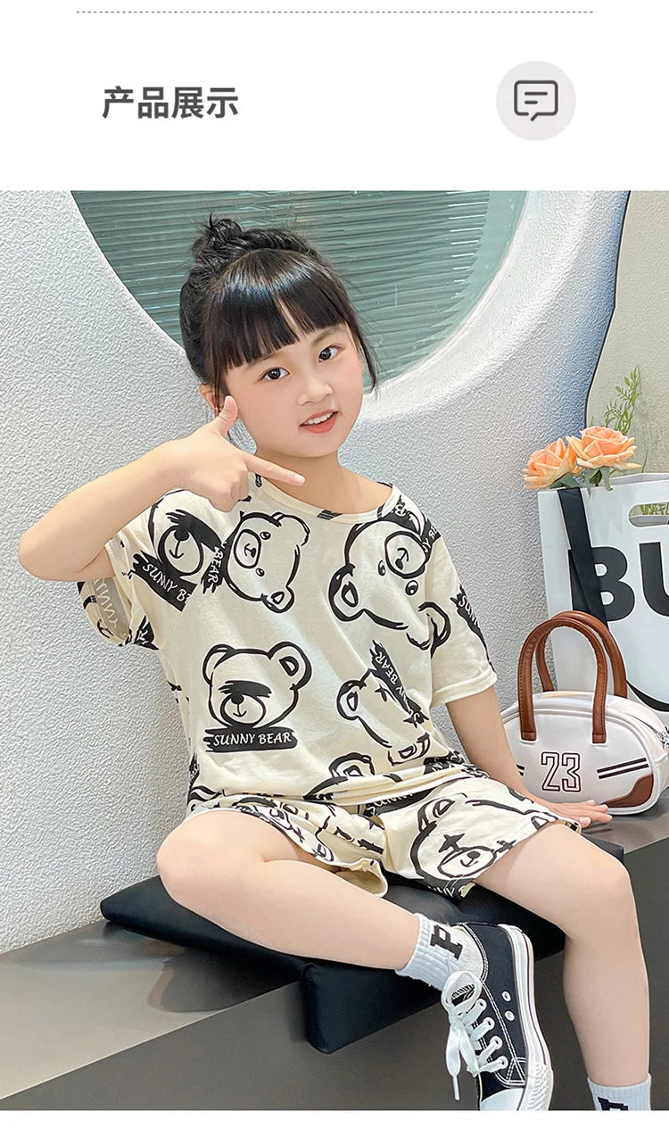 Summer Cartoon T-Shirt+Shorts 2-Piece Clothing Set Cotton Kids Boys Girls Casual Tracksuit Clothes Suits Outdoor Fashion 2-12Y