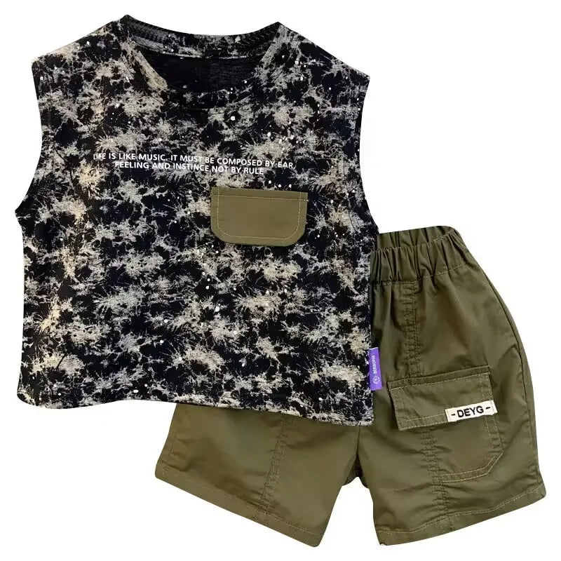 Boys Summer Vest Set New Fashionable Baby Handsome Fashion Sleeveless T-shirt Shorts Two Piece Set Children's clothing set