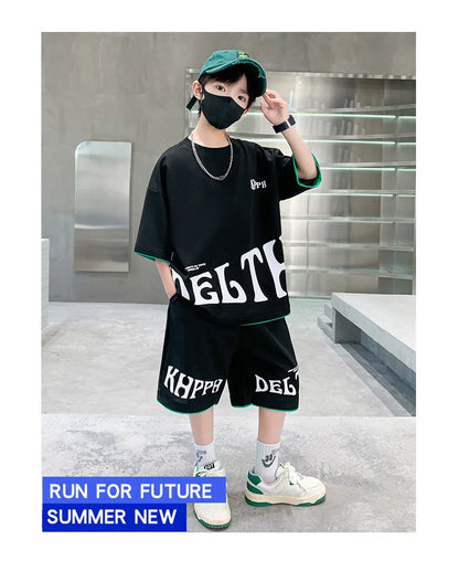 Boys Summer Letter Print Tee Shorts Two Piece Set New Big Kids Casual Wear Outfit Everyday Wear Simple Style Matching Children