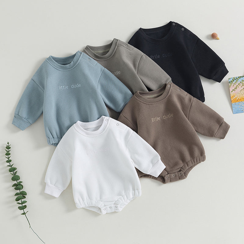 Newborn Baby Boy Clothes Little Dude Bubs Sweatshirt Bubble Romper Fleece Sweater  Fall Winter Outfit