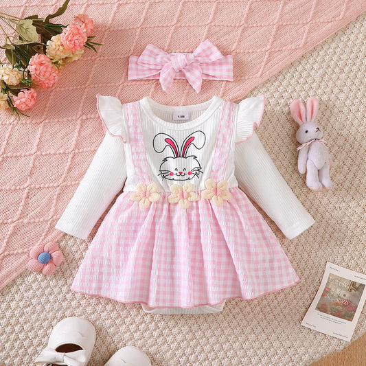Newborn Baby girl Dress Pink Checkered Flower Fashionable Dress for 0-18 Months Cute Baby girl Autumn Long sleeved Dress