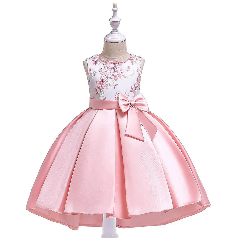 Party Prom Dress For Girls Flower Embroidery Princess Dresses Children Satin Bow Dovetail Dress For Kids Birthday Wedding Gown