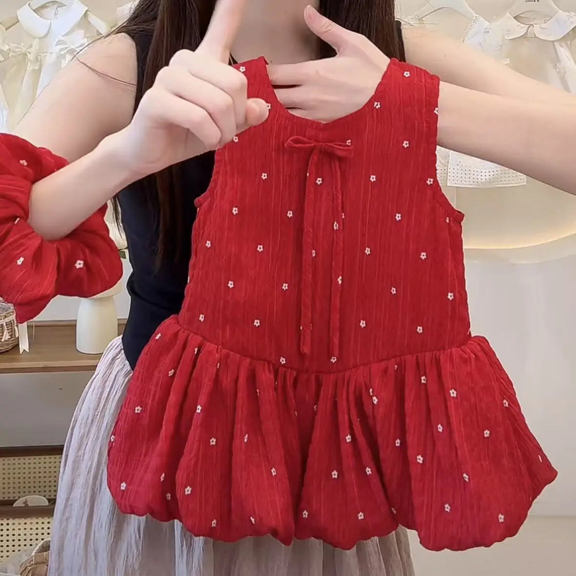 Girls Summer Dresses 2025 New Fashionable Casual Daily Sleeveless Floral Print Lightweight Red Bud Dress with Hair Band