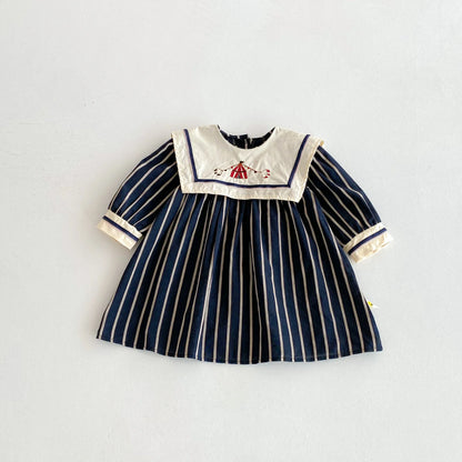 Baby Girl's Dress 2025 Autumn New Retro Children's Embroidered Dress Striped Long-sleeved Princess Dresses