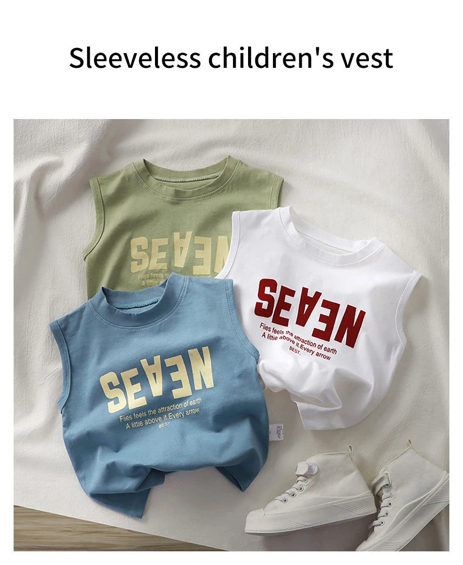 Summer Boys Letter Print Tops Girls Wide Shoulder Vest Children's O-neck T-shirt 2025 Baby Kids Korean Solid Sleeveless Tank Top