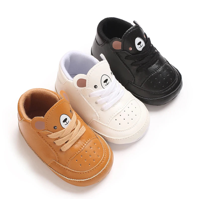 NEW Baby Shoes Newborn Boys Sneaker Girls Cartoon First Walkers Kids Toddlers Lace Up PU Leather Soft Soles Sneakers 0-18 Months