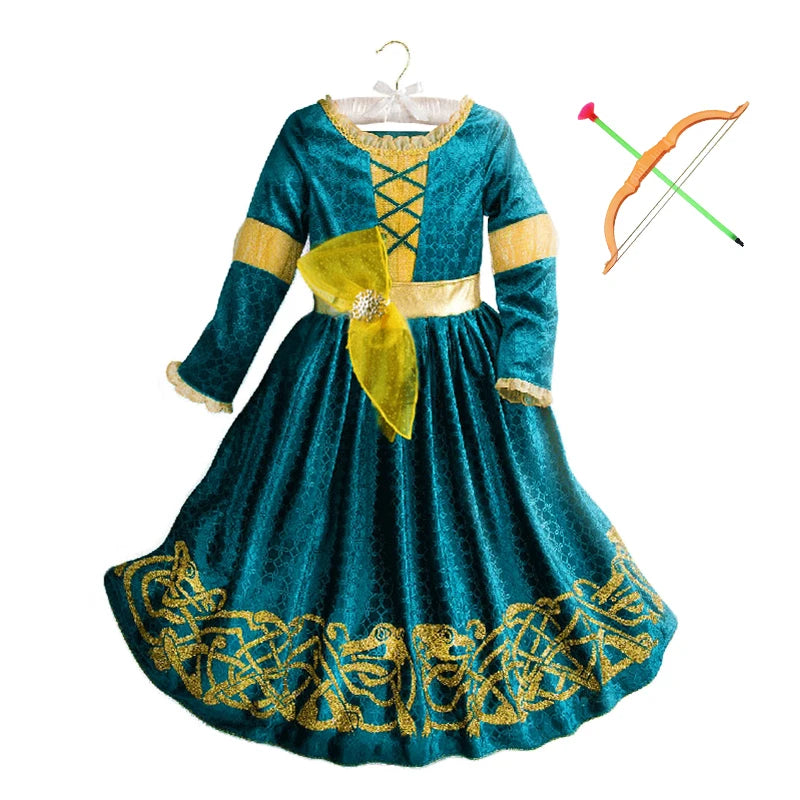 New Cartoon Movie Girls Princess Merida Dress Halloween Brave Princess Costume Children Green Velvet Long Sleeve Vintage Clothes