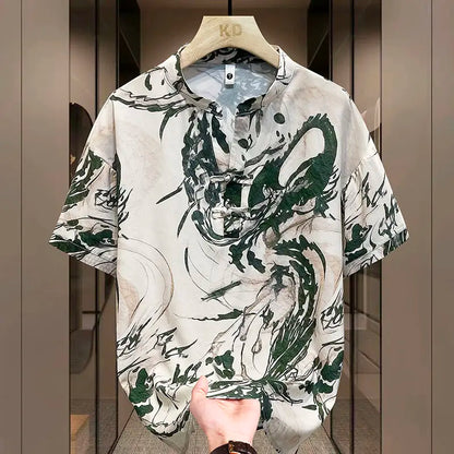 New Chinese Short-sleeved Men Trendy Versatile T-shirt in Summer Retro Stand Collar Thin Fashion Pullover (Available)