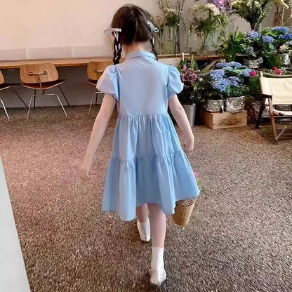 Girl's Dress Summer 2025 New Children's College Style Gown Teenager Turn-down Collar Clothes Kids Fashion Short Sleeve Desses