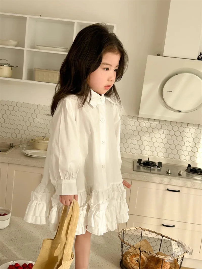 Girl's Shirt Dress Princess Spring New Long-sleeve Gown Children Summer Turn-down Dresses 2-8Y Kids Autumn Fashion Clothing