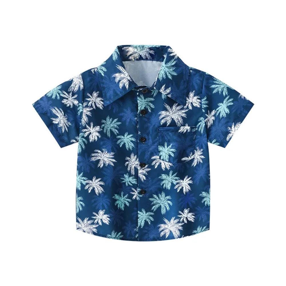 Summer Boys Shirt Hawaiian Beach Graphic Print Children's Blouse Casual Short Sleeve Holiday Lapel Top Girl Blouse Kids Clothes