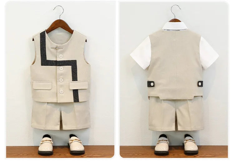 Summer Children Boys Suit Set Stylish Flower 1-10Y Boys Formal Wedding Suit Outfit Spliced Kids Baby Boys Vest Shirt Shorts Suit