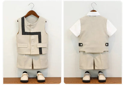 Summer Children Boys Suit Set Stylish Flower 1-10Y Boys Formal Wedding Suit Outfit Spliced Kids Baby Boys Vest Shirt Shorts Suit