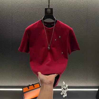 Spring New Heavy Work Light Luxury Custom Short Sleeve T-shirt Top Meteor Full Diamond T-shirt Round Neck Short Sleeve    (Available)