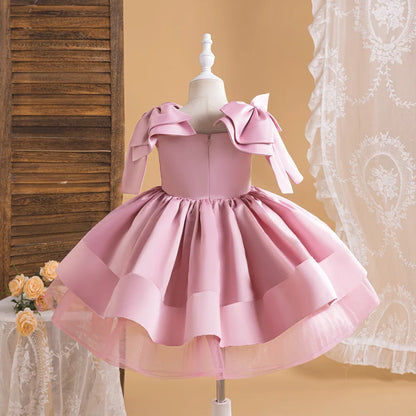 Fashion Big Bow Girls Party Dress Formal Pink Wedding Bridesmaid Birthday Princess Dresess for Girl Gala Christmas Kids Clothes