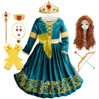 New Cartoon Movie Girls Princess Merida Dress Halloween Brave Princess Costume Children Green Velvet Long Sleeve Vintage Clothes