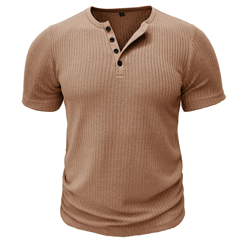 Summer Trend Men's Short Sleeve Casual T-Shirts Solid Henley Neck Button Up Pullover Tops Spring Turn Down Collar Basic Shirt (Available)