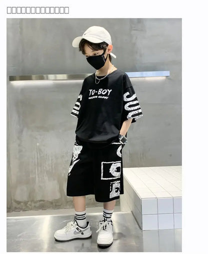Boys Summer Trendy Casual Sports 2pcs T-shirts+Pants Suits 3-14 Years Teenage Boys Hip Hop Style Fashion Outfits Clothes Sets