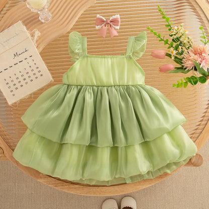 Newborn Girl Dress Layered Chiffon Princess Dress Flower Bow Tutu Dress for Baby Girl