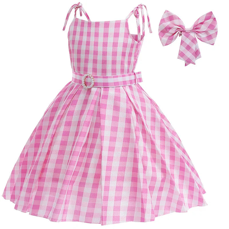 Girls Party Dresses Pink Plaid Princess Dress Birthday Party Children's Day Perform Dress Kid Carnival Halloween Cosplay Costume