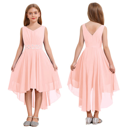 Summer Girls Festive Dress Hi-Lo Tulle Sleeveless Shiny Beaded Dress Flower Kids Wedding Pageant Clothing Evening Communion Gow