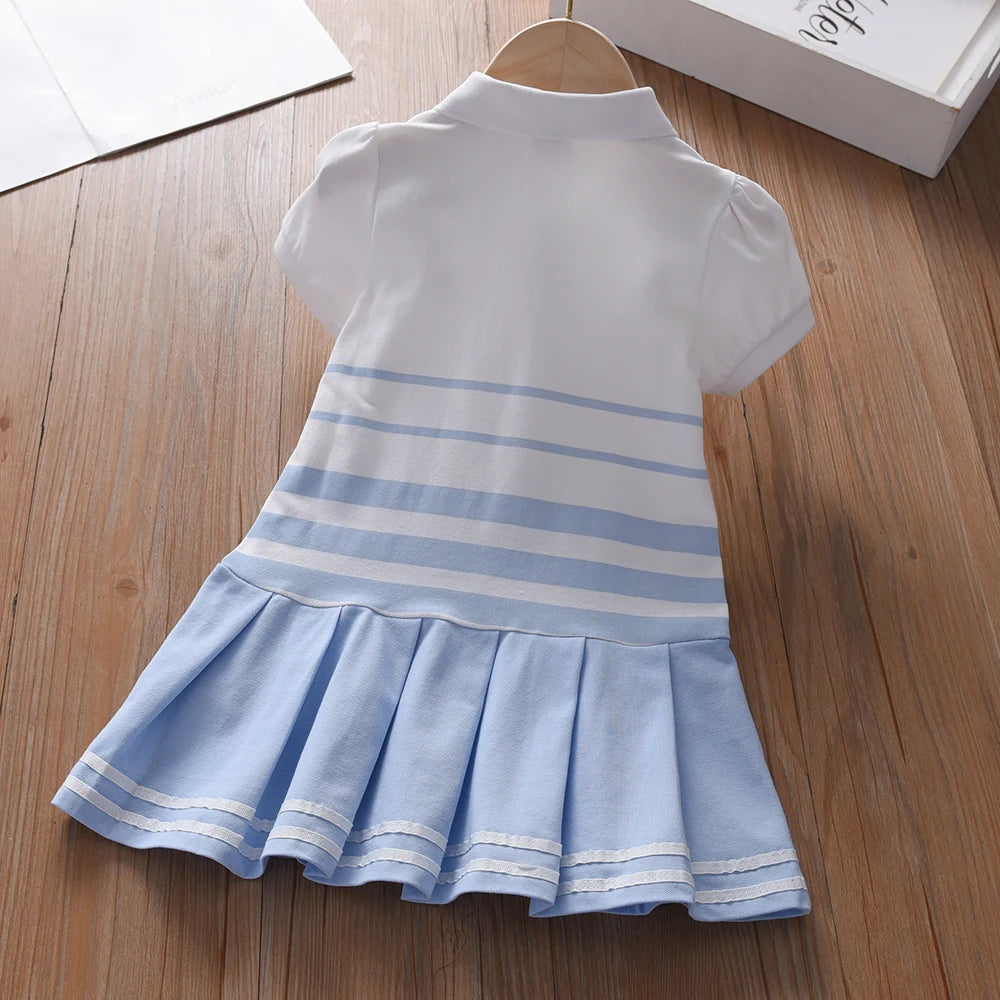 Girls' Fashion Polo Dress with Stripes Kids Elegant Puffed Sleeves Clothes Baby Girls Summer Dresses