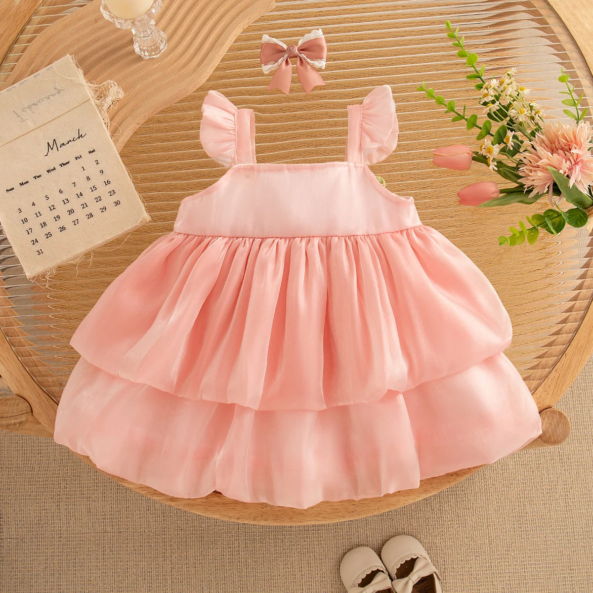 Newborn Girl Dress Layered Chiffon Princess Dress Flower Bow Tutu Dress for Baby Girl