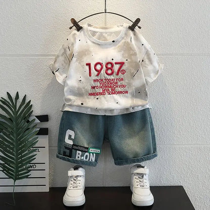 Summer Baby Boys Fashion High Quality Set Cotton Boy Short Sleeved Hole T-shirt + Denim Shorts Kids Loose Casual Clothes 2-11Y