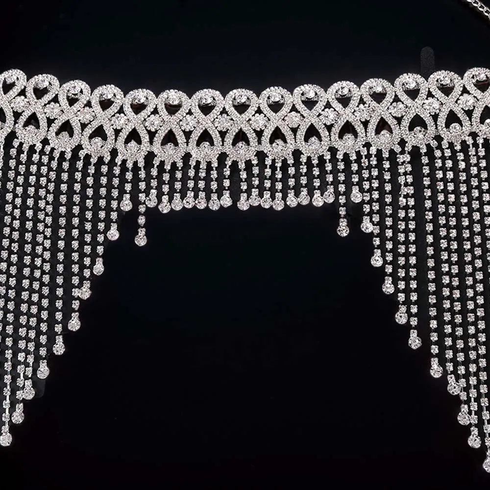 Tassel Hair Chain Accessories Bridal Headpiece for Women Tiara Rave Rhinestone Headband Full Geometric Head Chain Hat Jewelry