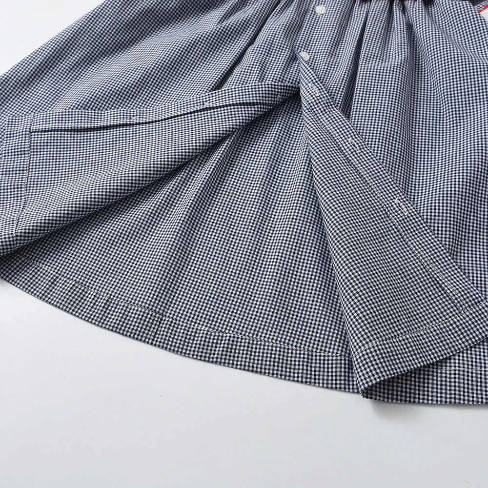 Vintage Dress Girls Kids Boutique Embroidery Square-cut Collar Plaid Dresses Girl Children Seven Sleeves Frocks Casual Clothing