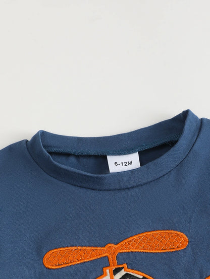 Infant Boys Summer Short Sleeve Outfit with Helicopter Embroidery Pattern Baby Clothing Set