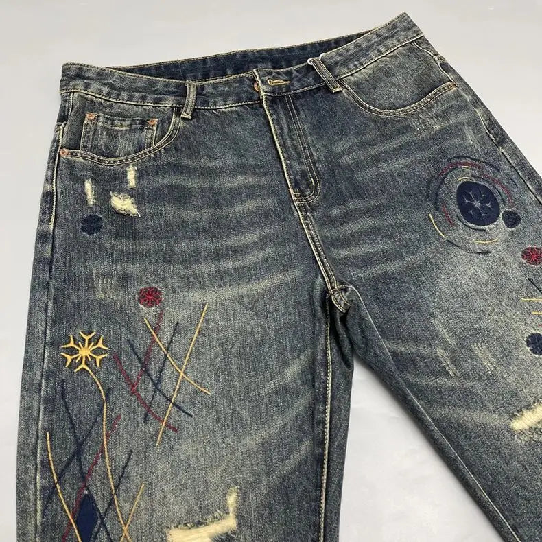 Washed Distressed Patched Embroidered Jeans Men's Small Straight Leg Pants High Street Ruff and Handsome Pants Trendy