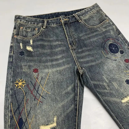 Washed Distressed Patched Embroidered Jeans Men's Small Straight Leg Pants High Street Ruff and Handsome Pants Trendy