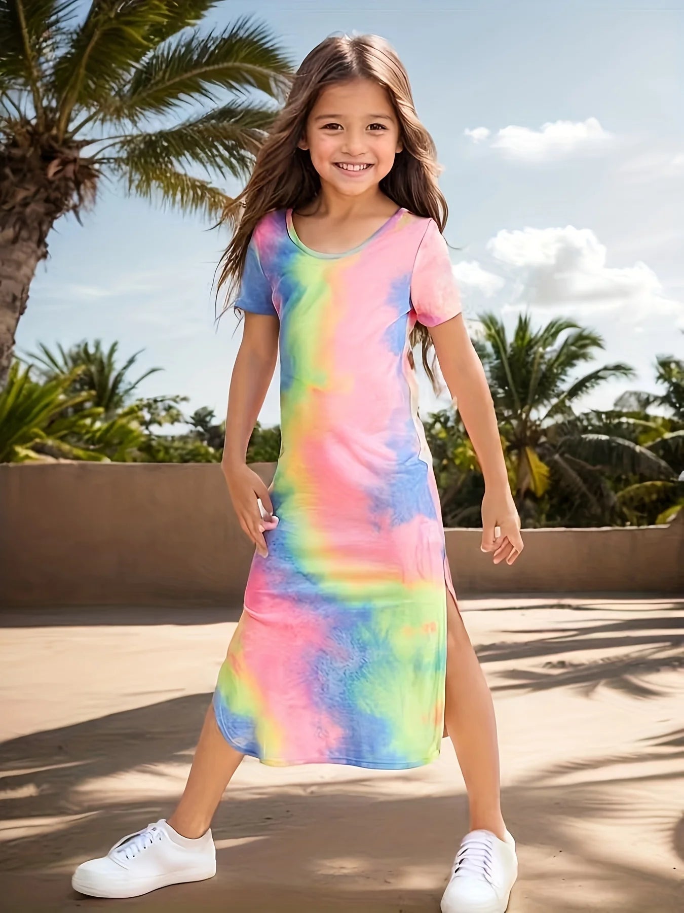 Girls' Dress Spring and Summer Thin Short-Sleeved Mid-Length Slim Fit Fashionable Girl's Summer Clothing Printed and Dyed in Random Positions