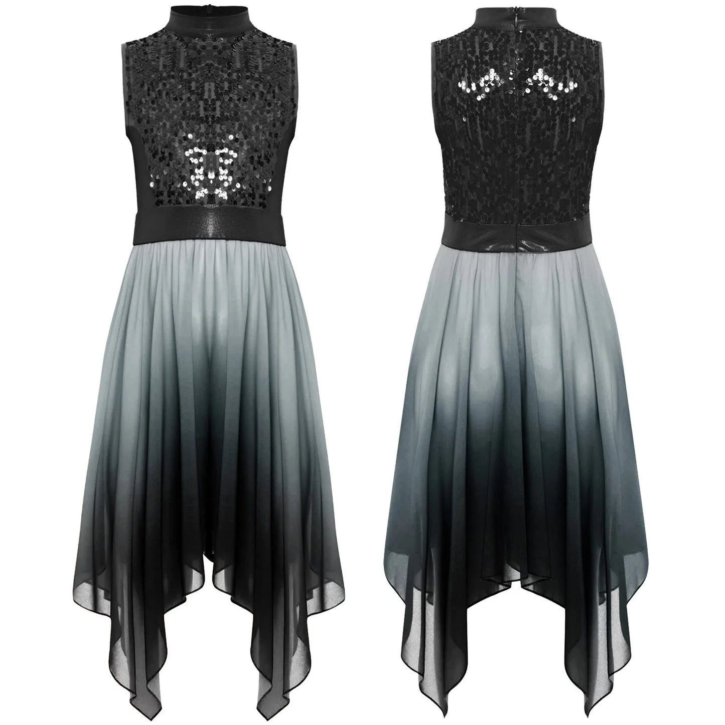 Girls Liturgical Worship Praise Dance Dress Contemporary Lyrical Dancewear Sleeveless Sequins Bodice Asymmetrical Tunic Dresses