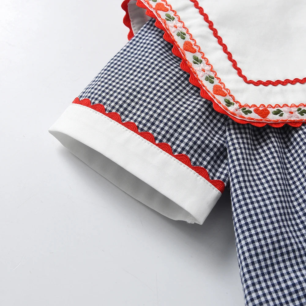 Vintage Dress Girls Kids Boutique Embroidery Square-cut Collar Plaid Dresses Girl Children Seven Sleeves Frocks Casual Clothing